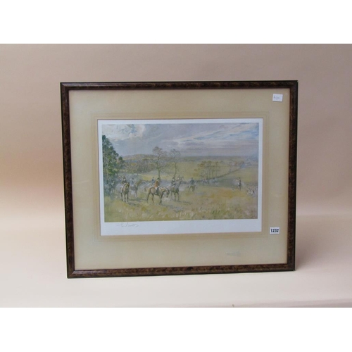 1232 - LIONEL EDWARDS, HUNTING SCENE 1906 COLOURED PRINT.  F/G 35 x 50 cms