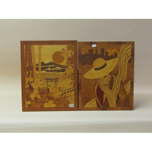 1233 - PAIR OF MARQUETRY WOODEN PANELS MOUNT FUJI AND A LADY IN A WIDE BRIM HAT 56 x 45 cms