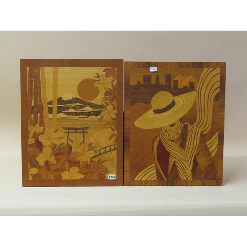 1233 - PAIR OF MARQUETRY WOODEN PANELS MOUNT FUJI AND A LADY IN A WIDE BRIM HAT 56 x 45 cms