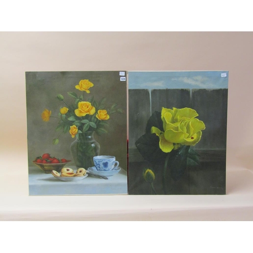 1235 - SIMON WHITBY, YELLOW ROSES - TWO SIGNED OIL ON CANVAS, FRAMED 73 x 61 cms