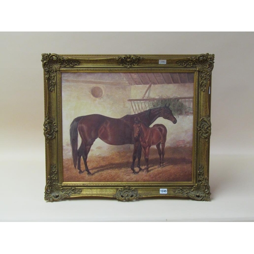 1245 - HERRING SENIOR OLEOGRAPH, MARE AND FOAL IN STABLE SETTING.  GILT FRAMED 48 x 58 cms