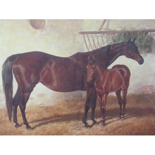 1245 - HERRING SENIOR OLEOGRAPH, MARE AND FOAL IN STABLE SETTING.  GILT FRAMED 48 x 58 cms