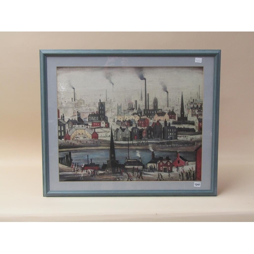 1247 - LOWRY - TOWN SCENE WITH RIVER AND PEOPLE IN THE FOREGROUND.  COLOURED PRINT, FRAMED 55 x 68 cms