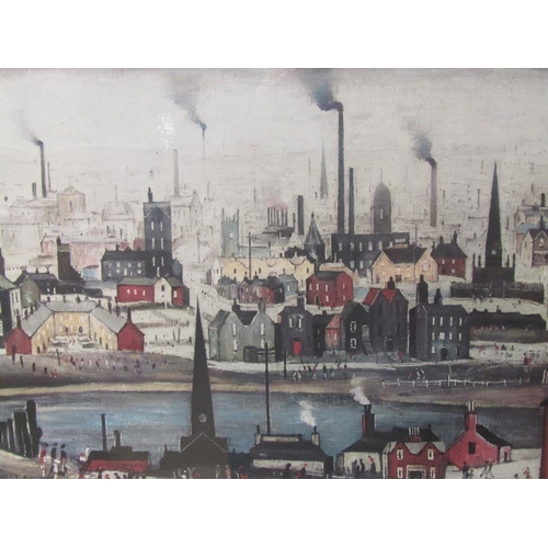 1247 - LOWRY - TOWN SCENE WITH RIVER AND PEOPLE IN THE FOREGROUND.  COLOURED PRINT, FRAMED 55 x 68 cms