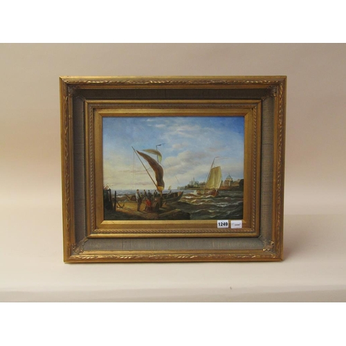 1249 - A LADD - COASTAL SCENE, UNLOADING THE BOAT SIGNED OIL ON PANEL.  FRAMED 29 x 30 cms