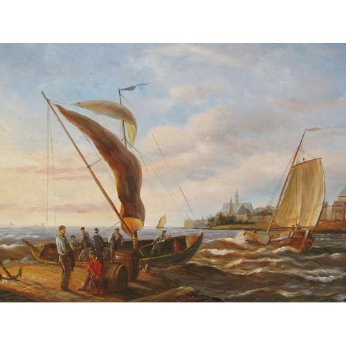 1249 - A LADD - COASTAL SCENE, UNLOADING THE BOAT SIGNED OIL ON PANEL.  FRAMED 29 x 30 cms