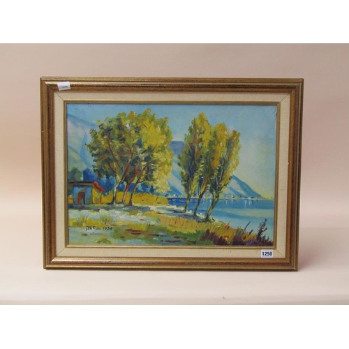 1250 - MONO JRE 1956 - MEDITERRANEAN COASTAL SCENE, SIGNED OIL ON CANVAS.  FRAMED 37 x 54 cms