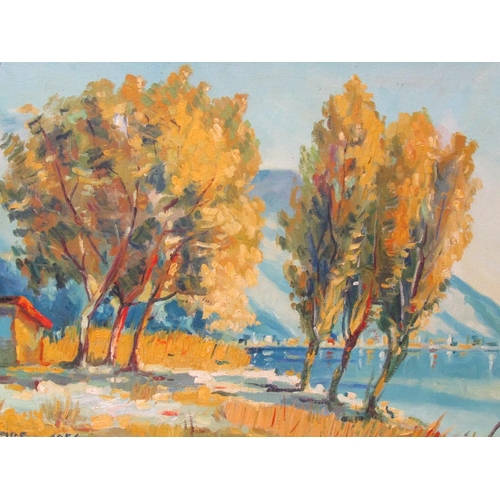 1250 - MONO JRE 1956 - MEDITERRANEAN COASTAL SCENE, SIGNED OIL ON CANVAS.  FRAMED 37 x 54 cms