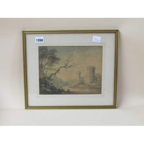 1268 - 18c FIGURES FISHING ON THE CASTLE MOAT, WATERCOLOUR FRAMED 19 x 24 cms