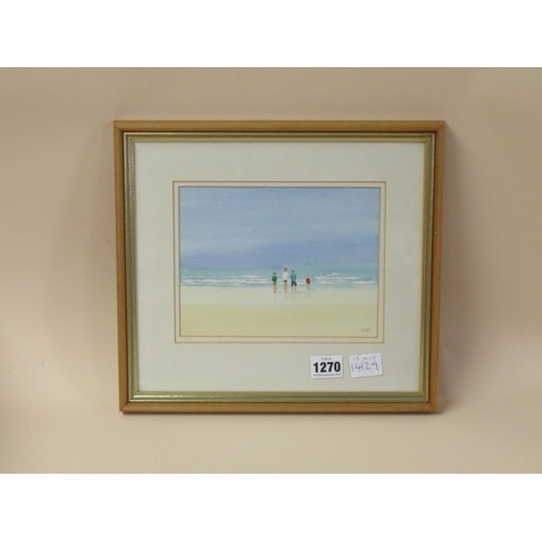 1270 - OLIVE WALKER - FIGURES ON A BEACH, SIGNED IN MONO.  WATERCOLOUR, F/G 15 x 19 cms