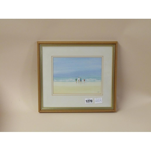 1270 - OLIVE WALKER - FIGURES ON A BEACH, SIGNED IN MONO.  WATERCOLOUR, F/G 15 x 19 cms