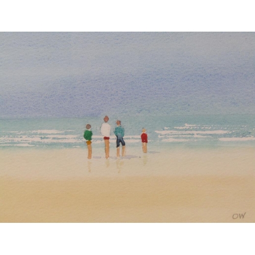 1270 - OLIVE WALKER - FIGURES ON A BEACH, SIGNED IN MONO.  WATERCOLOUR, F/G 15 x 19 cms