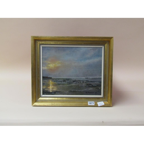 1271 - K J SATERLAY - SEASCAPE WITH BOAT, SUN RISING.  OIL ON CANVAS, FRAMED 24 x 29 cms