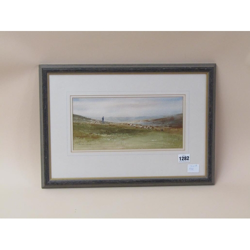 1282 - BRIAN IRVING, SHEPHERD WITH HIS FLOCK IN A MOORLAND SETTING, SIGNED WATERCOLOUR F/G 13 x 28 cms