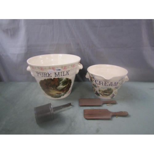 1296 - CERAMIC MILK CHURNS, BUTTER PATS, LADLE