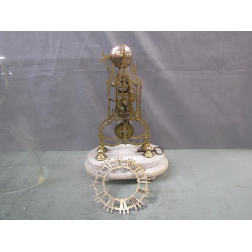 1309 - 19C BRASS SKELETON CLOCK UNDER GLASS DOME, 48CM H