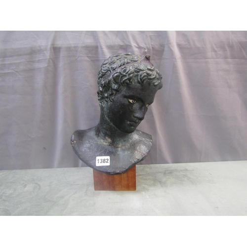 1382 - BRONZED CLASSICAL BUST ON PLINTH, 35CM H