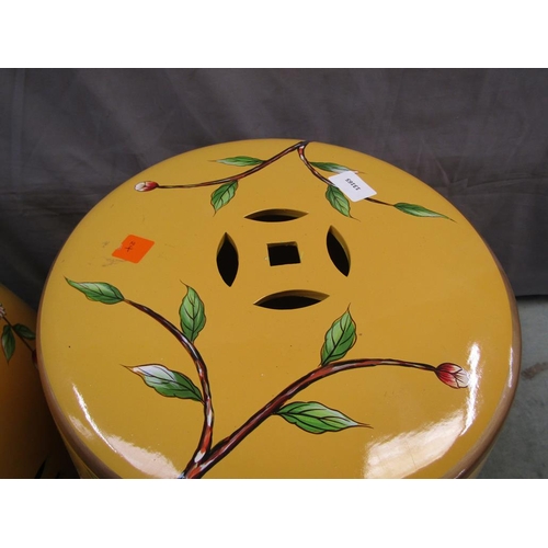 1395 - PAIR OPF YELLOW PORCELAIN BIRD GARDEN SEATS, 48CM H