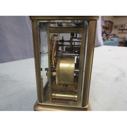 1410 - BRASS CARRIAGE CLOCK,12CM H WITH LEATHER BOX,