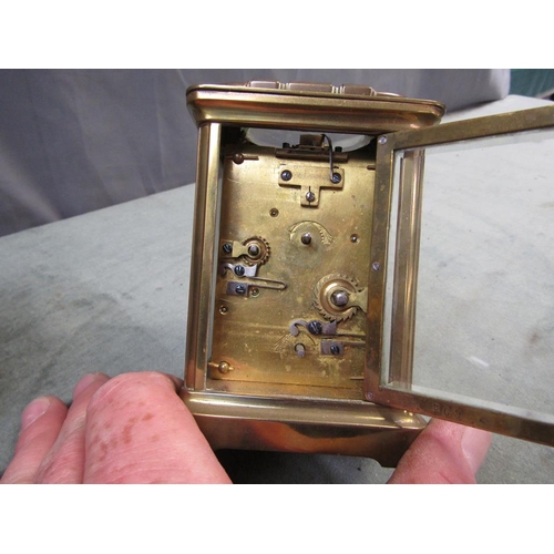 1410 - BRASS CARRIAGE CLOCK,12CM H WITH LEATHER BOX,