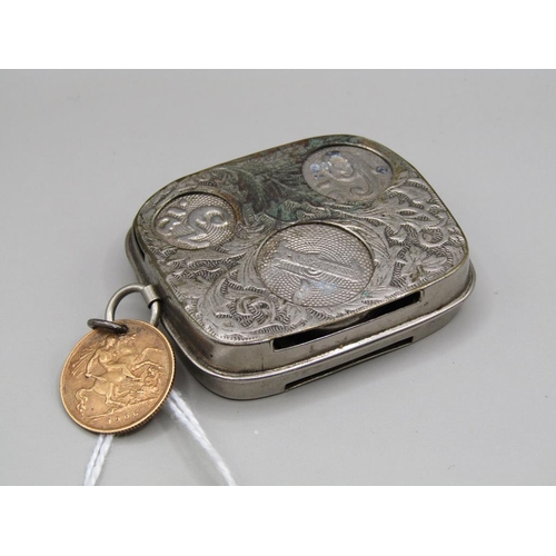 1429 - WHITE METAL SOVEREIGN CASE WITH ATTACHED 1906 HALF SOVEREIGN