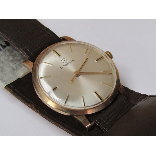 1432 - 9ct GOLD CASED RODANIA WATCH ON BROWN LEATHER STRAP