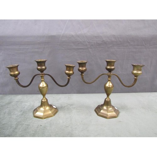 1301 - PAIR OF BRASS TABLE CANDELABRA, 27CM H