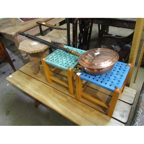 655 - SMALL TABLE, TWO STOOLS, WARMING PAN