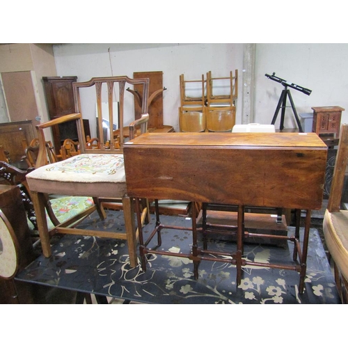 686 - 19c MAHOGANY DROP LEAF TABLE AND AN ARMCHAIR