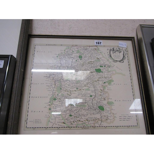 167 - TWO FRAMED WATERCOLOURS AND A MAP