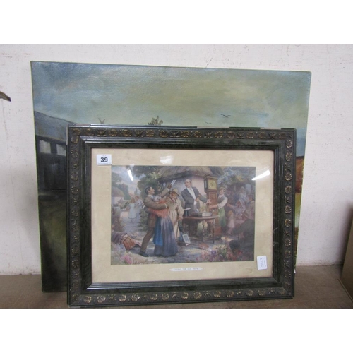39 - UNFRAMED OIL OF A MARKET SCENE AND A FRAMED COLOUR LITHOGRAPH - SAVING THE OLD HOME