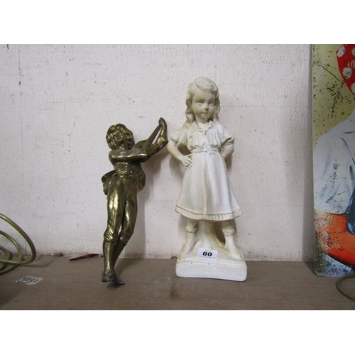 60 - VICTORIAN PLASTER FIGURE AND A BRASS MUSICIAN