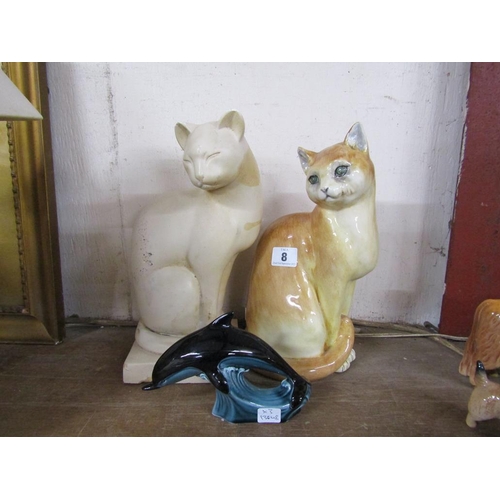 8 - TWO LARGE CATS AND A POOLE POTTERY DOLPHIN