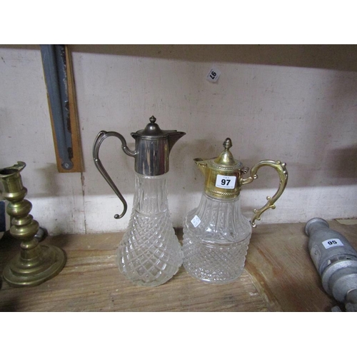 97 - TWO GLASS CLARET JUGS WITH PLATED MOUNTS