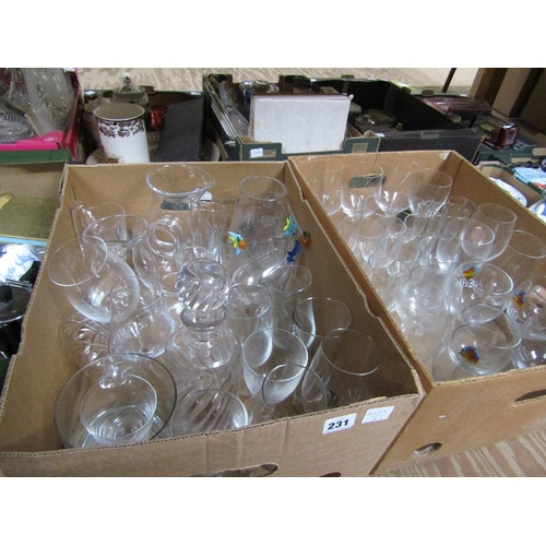 231 - TWO BOXES OF MIXED GLASSWARE, DECANTERS ETC.