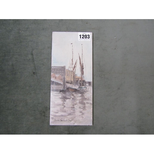 1203 - SIGNED INDISTINCTLY DATED '79 - MINIATURE OIL ON BOARD , HARBOUR QUAYSIDE.  UNFRAMED 23 x 10 cms