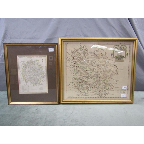1213A - ROBERT MORDEN, FRAMED COLOURD MAP OF HEREFORDSHIRE 37 x 42 cms TOGETHER WITH ANOTHER ANTIQUE MAP OF ... 
