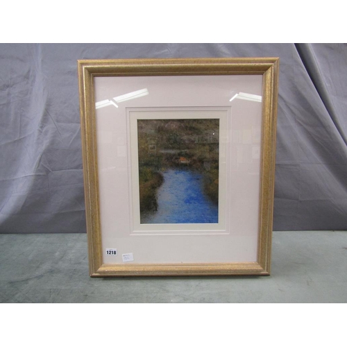 1218 - SIGNED INDISTINCTLY, BLUE WATER LAKE, COTTAGE ON A BANKSIDE  F/G 29 x 22 cms