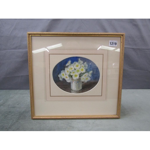 1219 - MARION BROOM - PRIMROSES, SIGNED WATERCOLOUR OVAL FRAMED AND GLAZED 15 x 19cms
