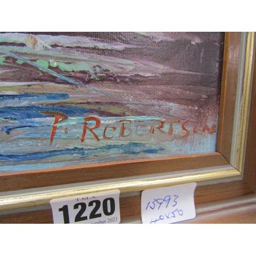 1220 - P ROBERTSON - MEDITERRANEAN FISHING VILLAGE, SIGNED OIL ON CANVAS, FRAMED 40 x 50 cms