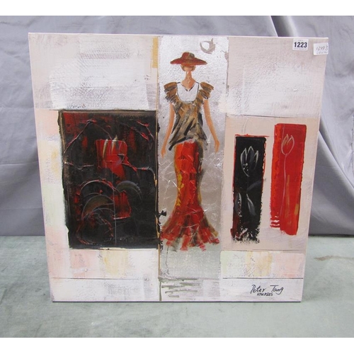 1223 - PETER TANG STUDIOS - ABSTRACT OIL ON PANEL FEATURING A CENTRAL LADY WITHIN FLORAL PANELS, SIGNED FRA... 