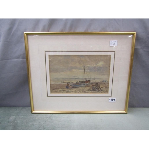 1227 - JAMES WINTER - MOORED COASTAL FISHING BOATS, SIGND WATERCOLOUR F/G 17 x 26cms