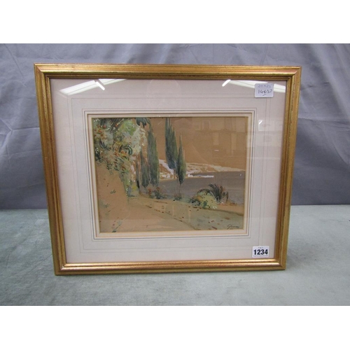 1234 - SIGNED INDISTINCTLY - MEDITERRANEAN COASTAL SCENE, WATERCOLOUR F/G 20 x 25 cms