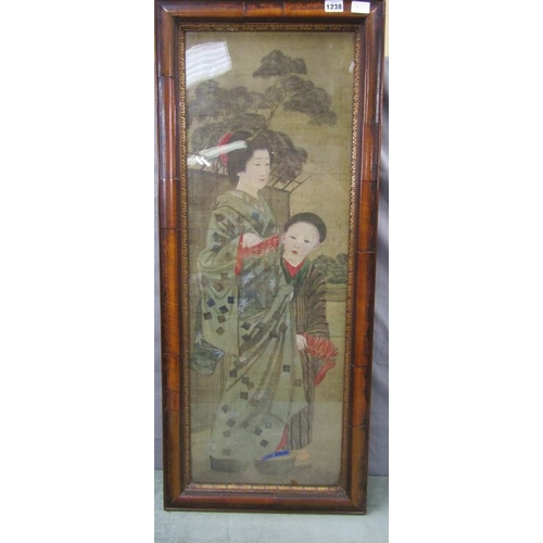1238 - 19c JAPANESE PAINTING OF MOTHER AND CHILD, F/G 86 x 30 cms