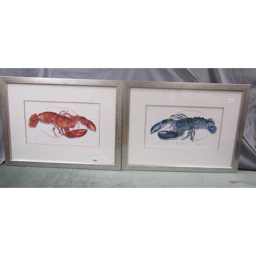 1241 - PAIR COLOURED PRINTS OF LOBSTERS BY ANNABELLE FAIRFAX, EACH F/G 26 x 45 cms