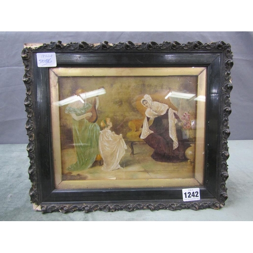 1242 - MAUDE GOODMAN - MOTHER WITH LADY PLAYING MANDOLIN AND ANOTHER LOOKING ON, OIL ON PANEL.  FRAMED 18 x... 