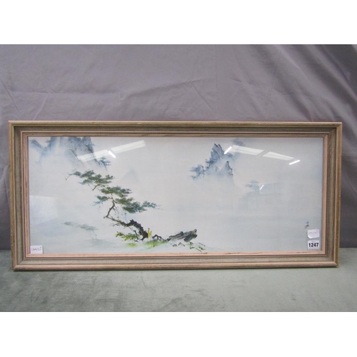 1247 - JAPANESE PICTURE, LONE FIGURE IN A MOUNTAINOUS LANDSCAPE F/G 29 x 75cms