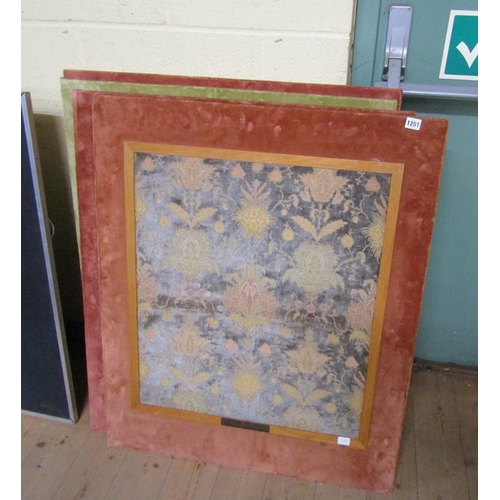 1251 - FOUR LATE 19/EARLY 20c JACQUARD-WOVEN SILK PANELS OF VARIOUS DESIGNS, EACH FRAMED APPX 70 x 60 cms