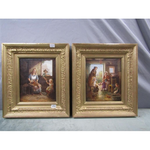 1252 - CLAIRE BLACK - PAIR OIL ON CANVAS 19c DOMESTIC SCENES, FRAMED 29 x 24 cms