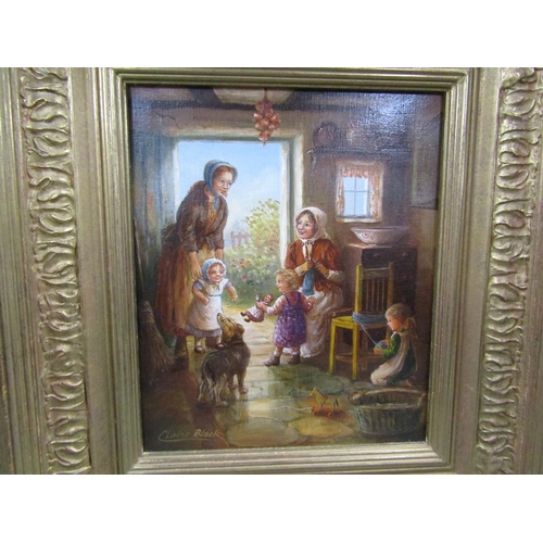 1252 - CLAIRE BLACK - PAIR OIL ON CANVAS 19c DOMESTIC SCENES, FRAMED 29 x 24 cms